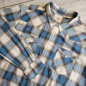 Levis Pearl Snap Long Sleeve Shirt Men 3XL XXXL Blue White Plaid Standard Fit